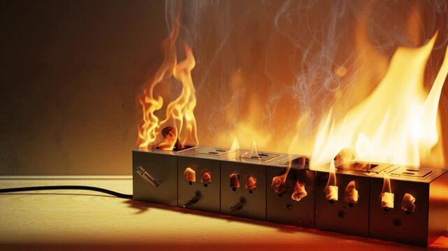 Burning electrical power strip overloaded extension board fire hazard with smoke rising from melting sockets, dangerous overheating short circuit accident scene for home safety awareness and electrica