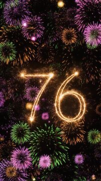 Number 76 surrounded by fireworks. Festive video for birthday or anniversary party
