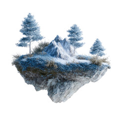Snowy floating island with mountains and evergreen trees