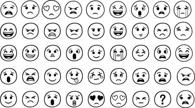 Collection of hand drawn cartoon faces expressing different emotions