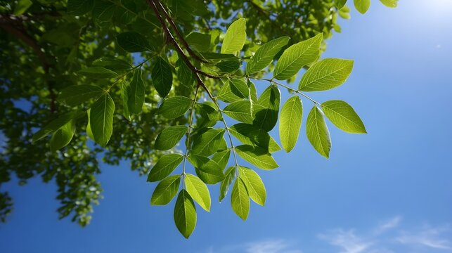 Vibrant green leaves of a tree branch against a bright clear blue sky on a sunny day - Powered by Adobe
