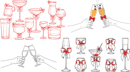 Festive holiday drinks hand drawn illustration of various glassware