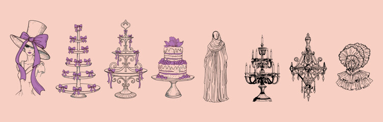 Elegant and Whimsical Illustration with Cakes, Chandeliers, and Fashion Accents on a Pink Background, a Victorian-Inspired Dream