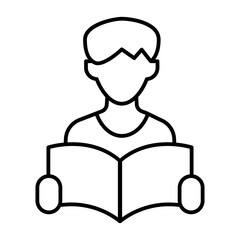 Student guy with magazine thin line icon, learners literature concept. Vector graphics. Man with book in hands, education sign on white background, style icon mobile or web design.