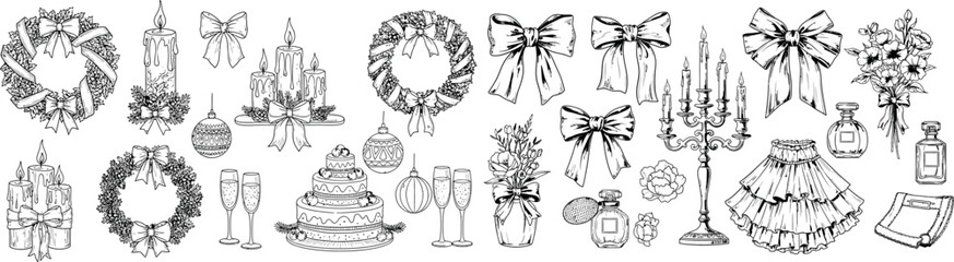 Elegant Black and White Line Art Depicting Christmas and Celebratory Elements in a Festive and Refined Arrangement