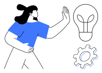 Female figure raising hand with lightbulb and gear icons symbolizing ideas, innovation, and growth. Ideal for creativity, brainstorming, technology, productivity, problem-solving, solutions