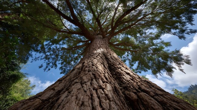A majestic ancient tree trunk seen from a low angle with branches reaching towards a blue cloudy sky - Powered by Adobe