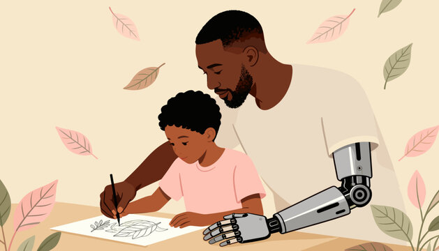 Father and son drawing together with robotic arm support indoors - Powered by Adobe