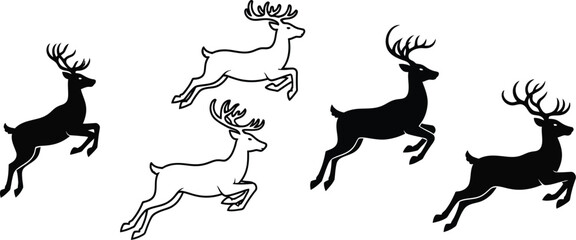 Naklejka premium Group of four black and white deer running in different directions on white background