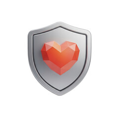 Silver shield with a red heart on it. isolated illustration on  transparent background PNG