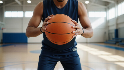 Naklejka premium Basketball Player Ready to Play: Focused athlete stands ready, the orange basketball cradled in his hands, preparing for an intense game within a modern indoor sports arena.