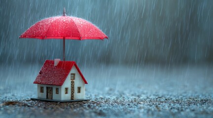 Miniature house protected by red umbrella from rain, copy space