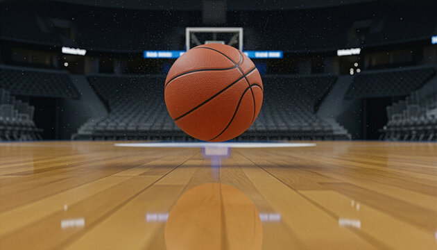 Basketball Moment: The image shows a basketball suspended mid-air in an indoor basketball arena, emphasizing the anticipation of a pivotal shot in a high-stakes competition. - Powered by Adobe