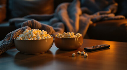Cozy Cinema Night: A close-up shot captures the inviting ambiance of a home cinema night, featuring a table adorned with bowls of popcorn and a remote control, with a warm.