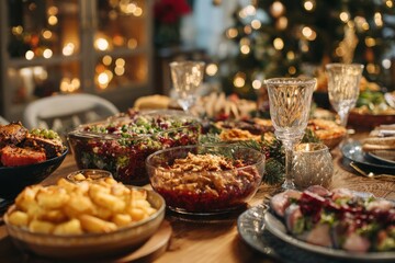 Naklejka premium Holiday dinner table setting with festive food dishes