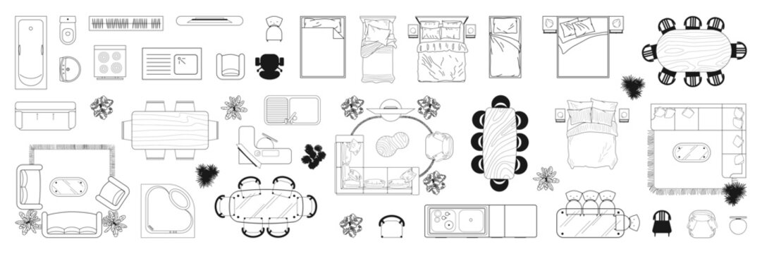 Furniture outline top view. Floor plan icons set for design interior and architectural project. CAD drawings