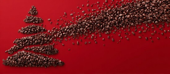 Coffee beans forming christmas tree on red background