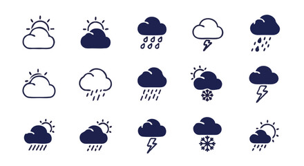 Weather Icon Set – 16 Dark Blue Symbols Representing Forecast Conditions on White Background