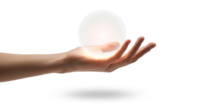 A human hand gently cradles a translucent, glowing white sphere, emitting a warm light that illuminates the palm. Isolated on a clean white background, it evokes themes of future, magic, and energy.