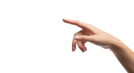 Close-up of a graceful female hand with an extended index finger, poised as if to touch or interact with an invisible screen. Isolated on a pristine white background for versatile use.