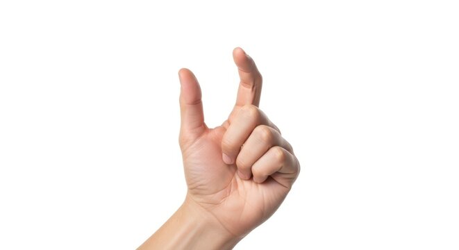 Close-up of a human hand on a plain white background, performing a gesture indicating a small amount or size. Clear lighting highlights the hand.