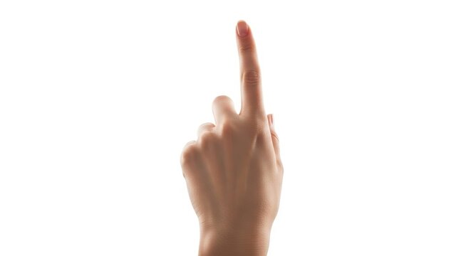 A clean, fair-skinned human hand extends its index finger straight up against a bright white background, symbolizing selection, counting, or instruction.