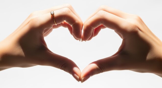 Close-up of two hands forming a symbolic heart shape against a bright white background. One hand features a delicate gold engagement ring with a diamond, conveying love and romance.