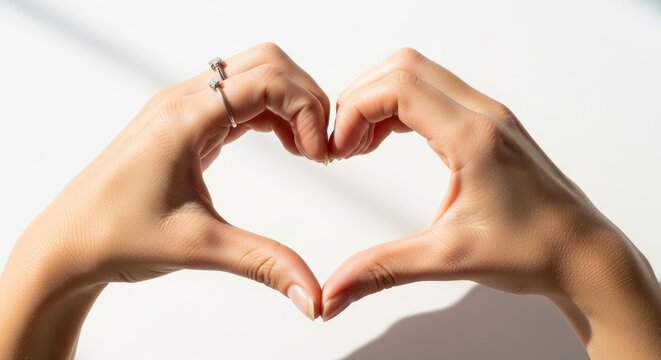 A person's hands delicately form a heart shape against a pristine white background. The image conveys love, care, and connection with soft natural light.