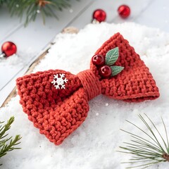 Red Christmas Bow Tie in Crocheted Wool