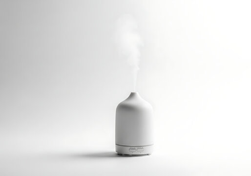 White Essential Oil Diffuser Emitting Mist Against a Clean Background.