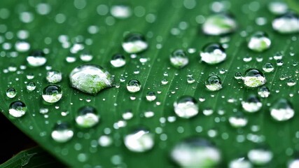 Macro shot of water droplets on a vibrant green leaf surface after rain. - Powered by Adobe