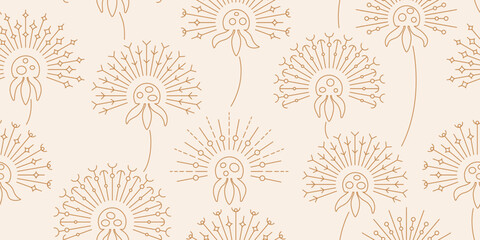 Thin line minimalist beige wild dandelions. Botanical vector seamless pattern with fluffy flower silhouette