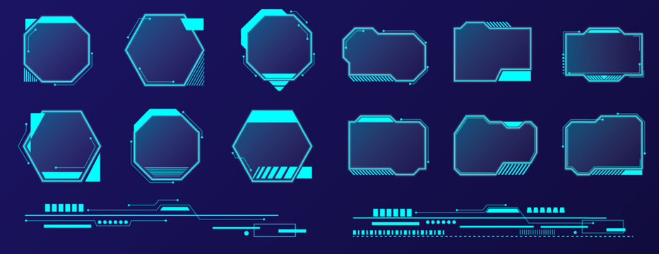Vibrant blue UI elements display various shapes like hexagons and rectangles set against a dark background. These designs are perfect for enhancing digital interfaces and artistic endeavors.