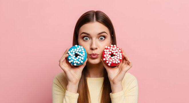 Excited Woman Holding Two Brightly Colored Donuts on Pink Background.