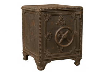 Ornate antique iron safe with combination lock wheel, featuring secure storage and valuable protection on transparent background