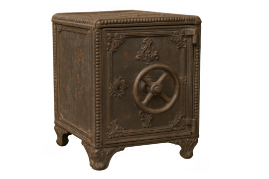 Ornate antique iron safe with combination lock wheel, featuring secure storage and valuable protection on transparent background