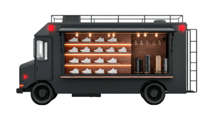 Black truck displays shoes and bottles