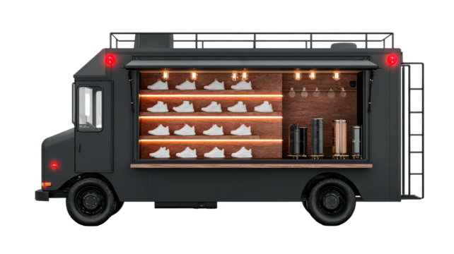 Black truck displays shoes and bottles