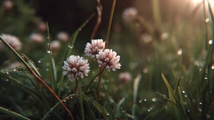 Delicate pink clover blossoms glisten with morning dew bathed in soft warm sunlight in a peaceful meadow