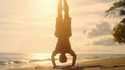 Man performing balanced handstand yoga pose on serene beach during golden sunrise, peaceful mindfulness practice with calm ocean waves creating tranquil wellness atmosphere for meditation and strength - Powered by Adobe