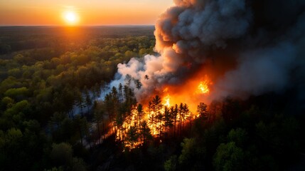 Fototapeta premium Wildfire engulfs forest trees at sunset with smoke billowing in the sky