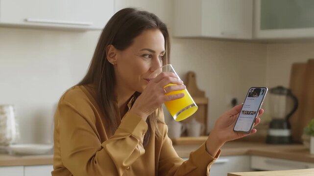 Woman smiling in a bright modern kitchen, relaxing with morning coffee, orange juice and smartphone, enjoying a peaceful moment browsing and connecting over breakfast