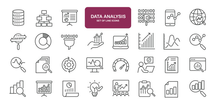 Set of line icons related to data analysis. Outline icons collection