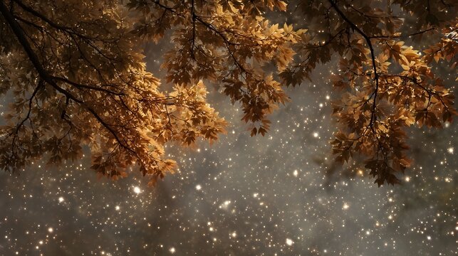 Golden autumn leaves shimmer against a dark mystical background filled with sparkling starlike particles