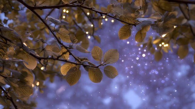 Tree branches with glowing fairy lights against a magical purple bokeh background