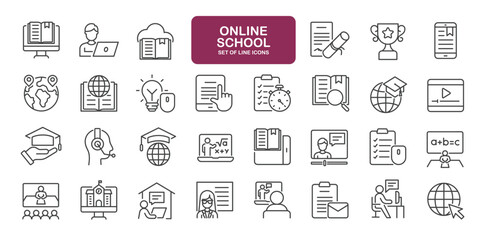 Set of line icons related to online school. Outline icons collection