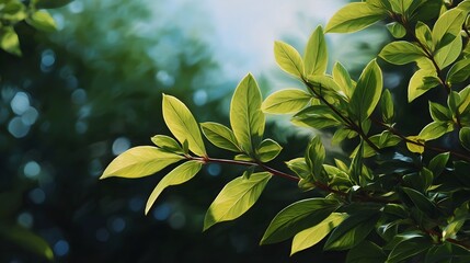 Sunlight filtering through vibrant green leaves on branches creating a soft natural glow