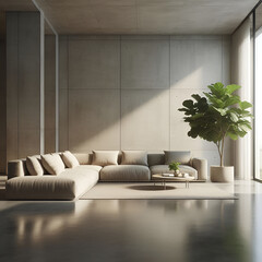 Minimalist Living Room Interior with Reflective Polished Concrete Floors, Modern Furniture, and Natural Light