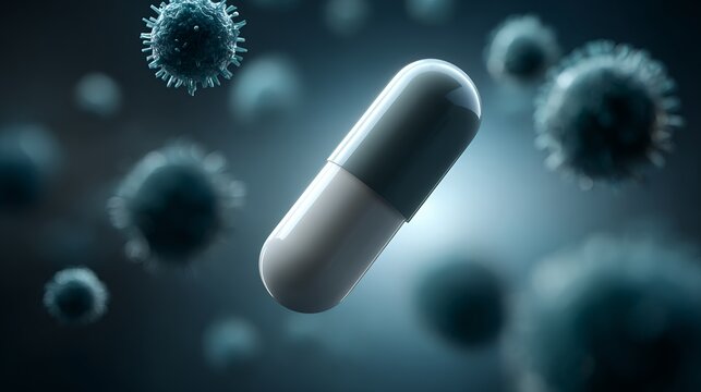 Glossy antiviral capsule surrounded by virus particles in scientific design