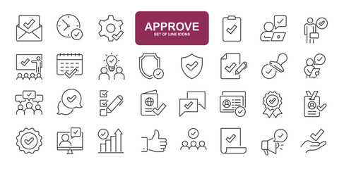 Set of line icons related to approve. Outline icons collection